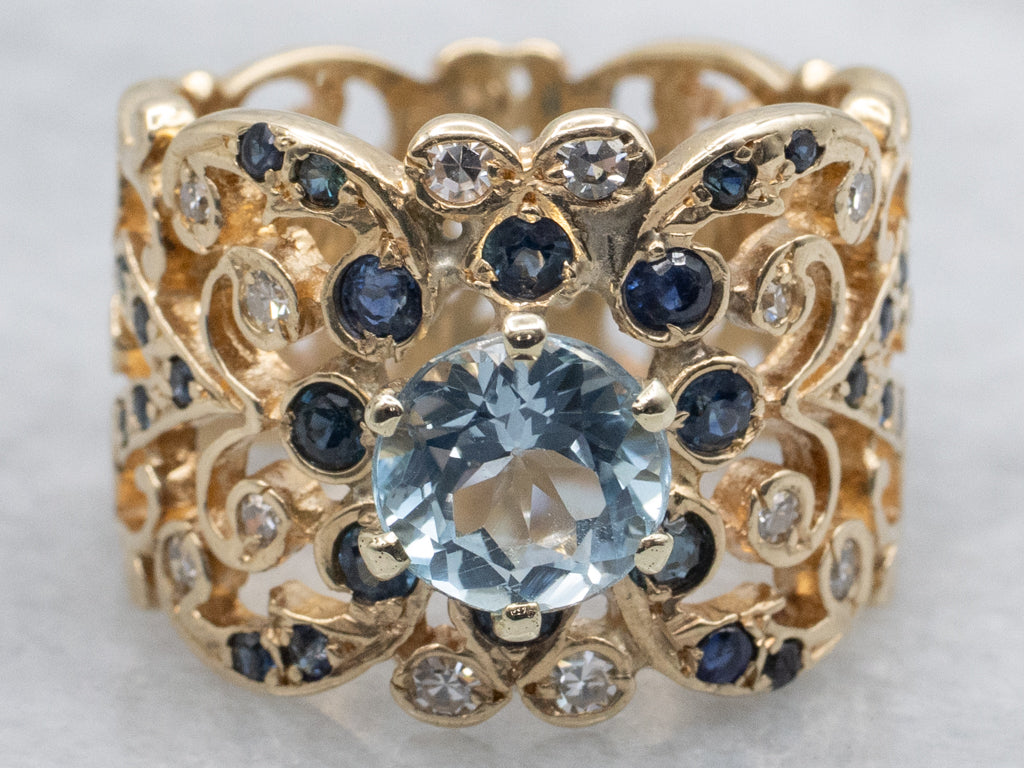 Wide Scrolling Gold Filigree Topaz Sapphire and Diamond Statement Ring