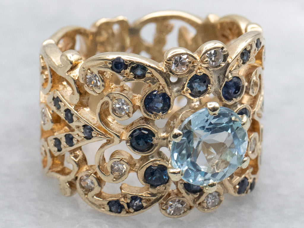 Wide Scrolling Gold Filigree Topaz Sapphire and Diamond Statement Ring