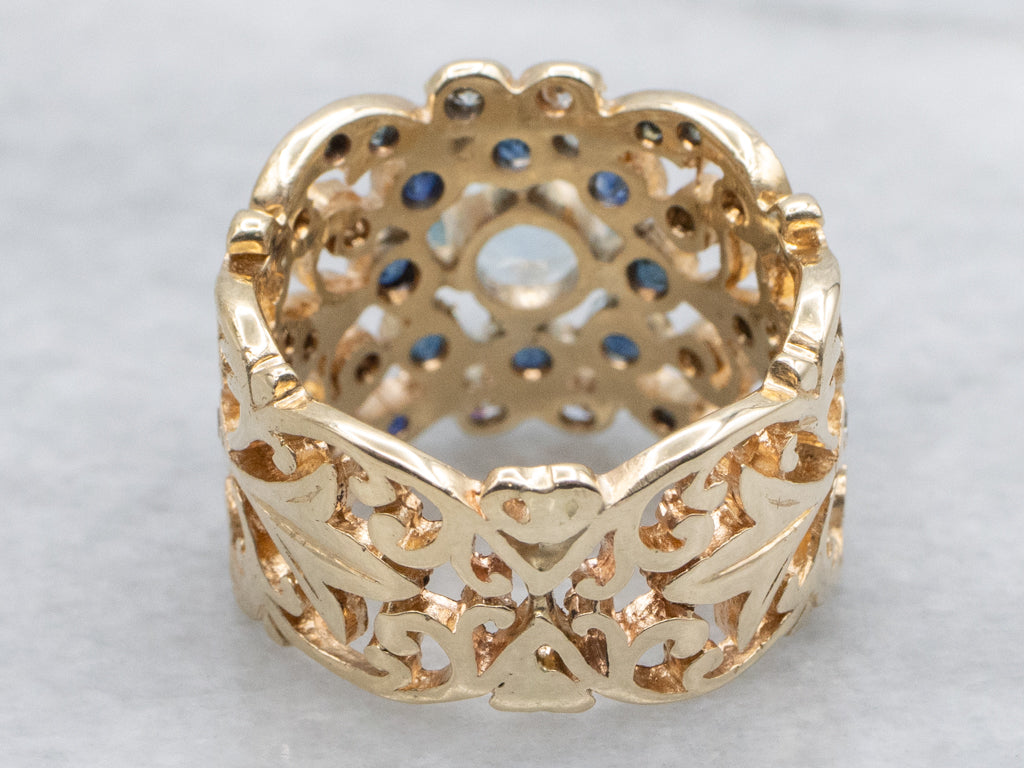 Wide Scrolling Gold Filigree Topaz Sapphire and Diamond Statement Ring