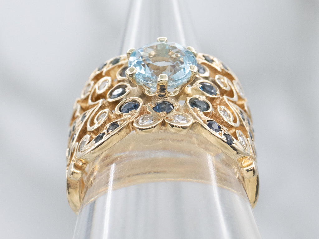 Wide Scrolling Gold Filigree Topaz Sapphire and Diamond Statement Ring