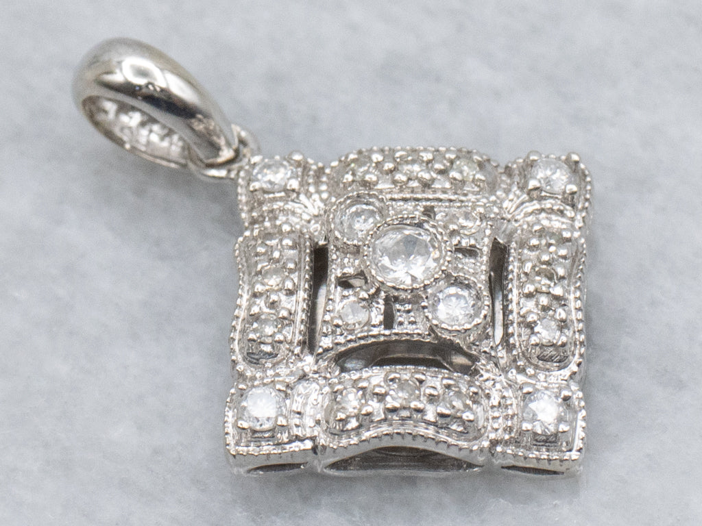 Squared White Gold and Diamond-Encrusted Pendant