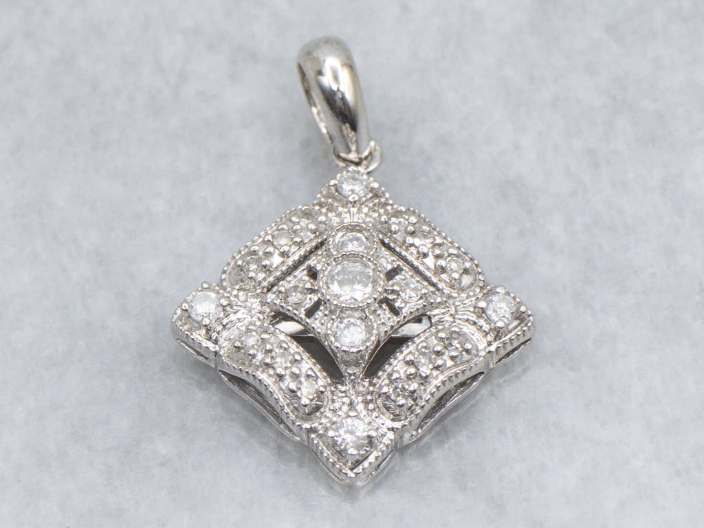Squared White Gold and Diamond-Encrusted Pendant
