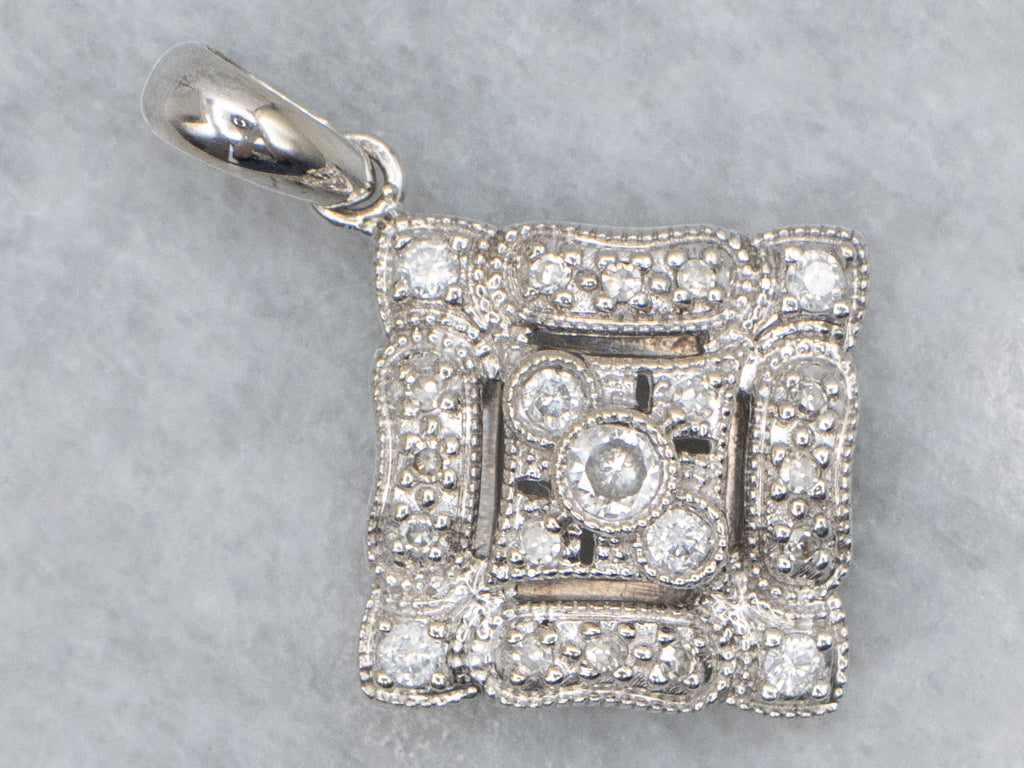 Squared White Gold and Diamond-Encrusted Pendant