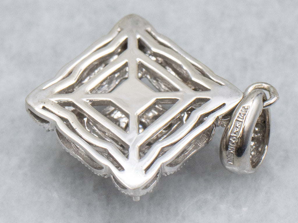 Squared White Gold and Diamond-Encrusted Pendant