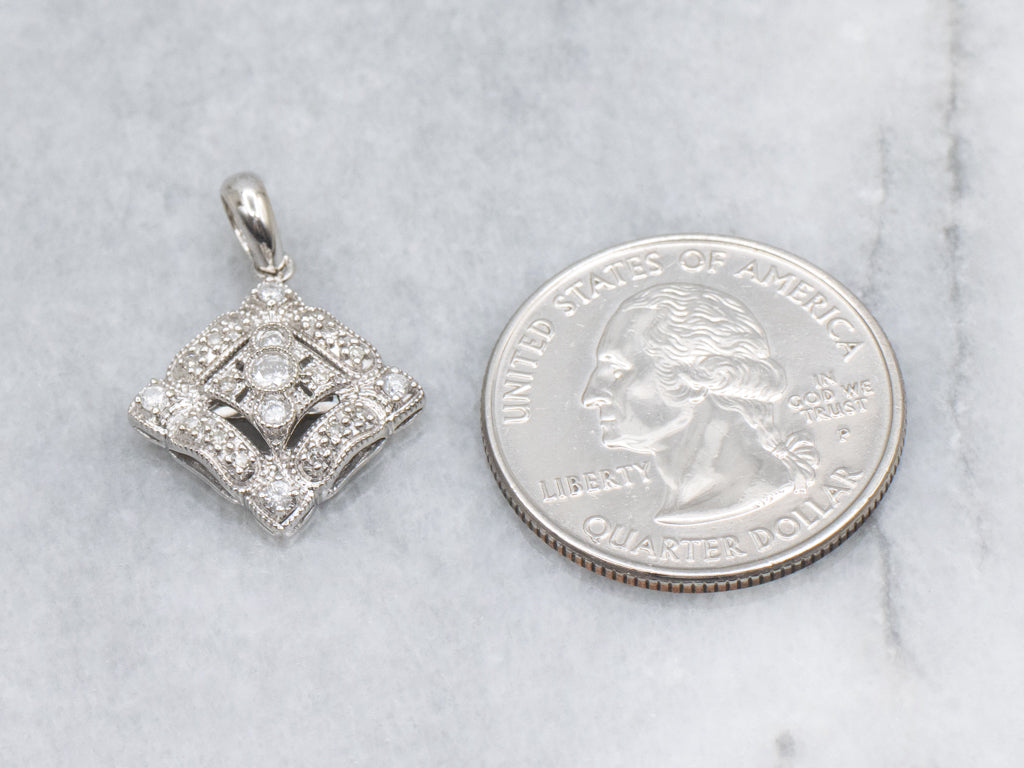 Squared White Gold and Diamond-Encrusted Pendant