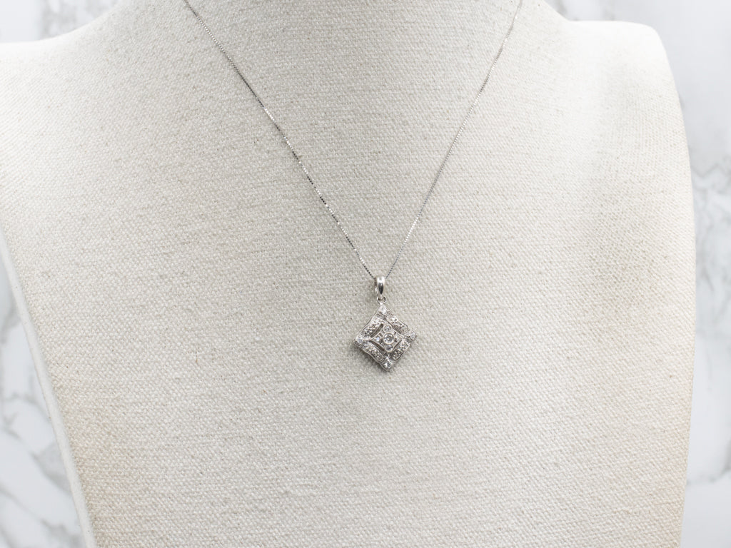 Squared White Gold and Diamond-Encrusted Pendant
