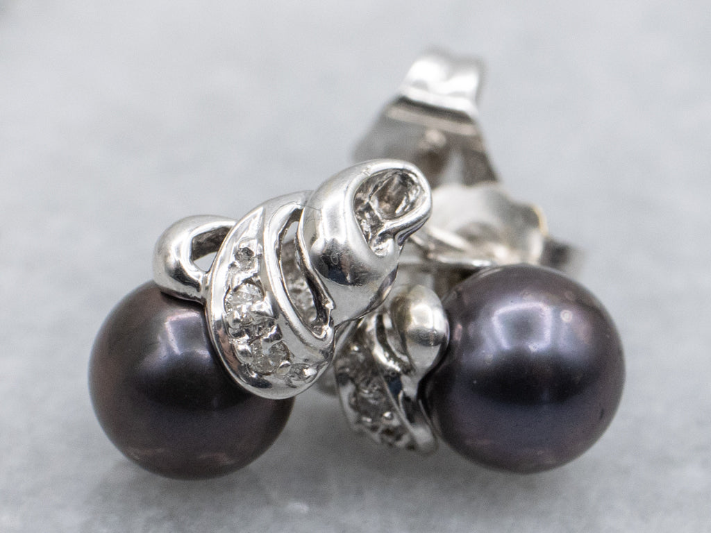 White Gold Black Pearl and Diamond Earrings