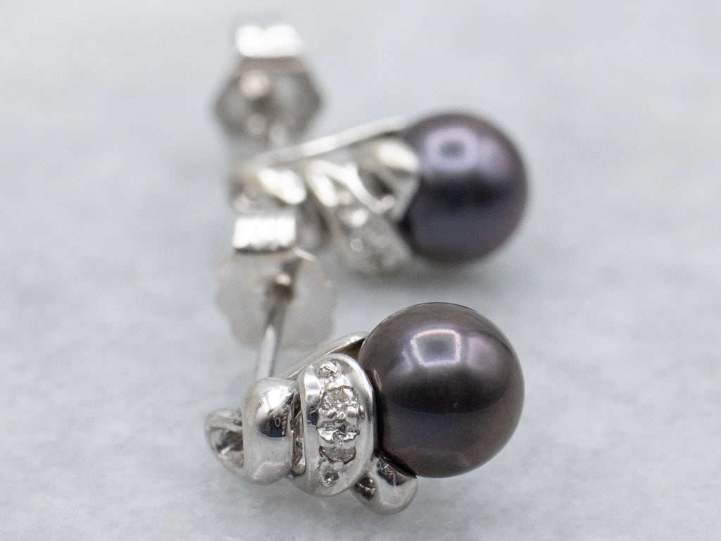 White Gold Black Pearl and Diamond Earrings