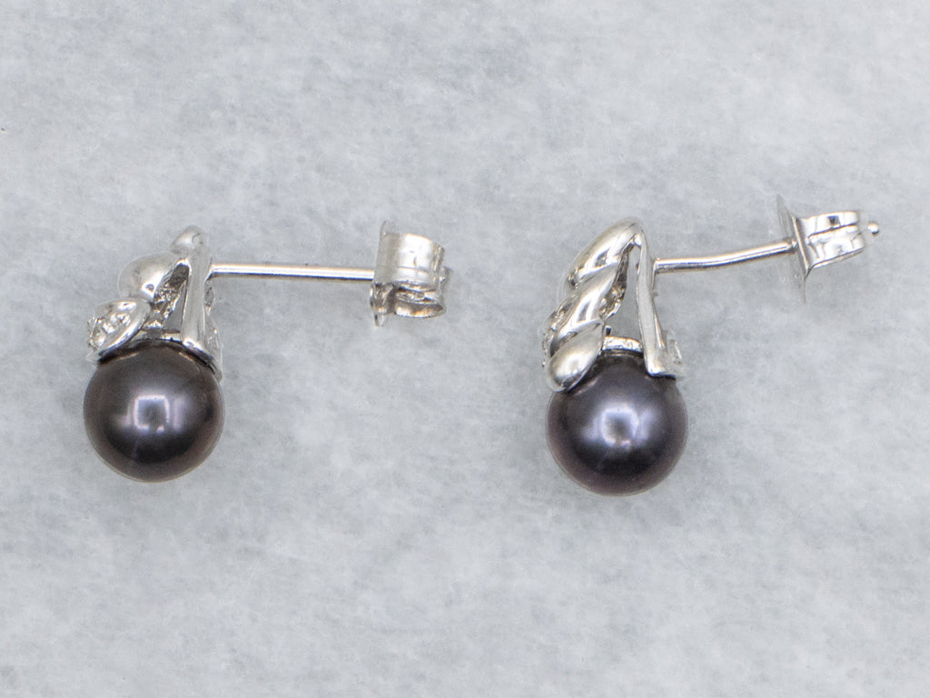 White Gold Black Pearl and Diamond Earrings