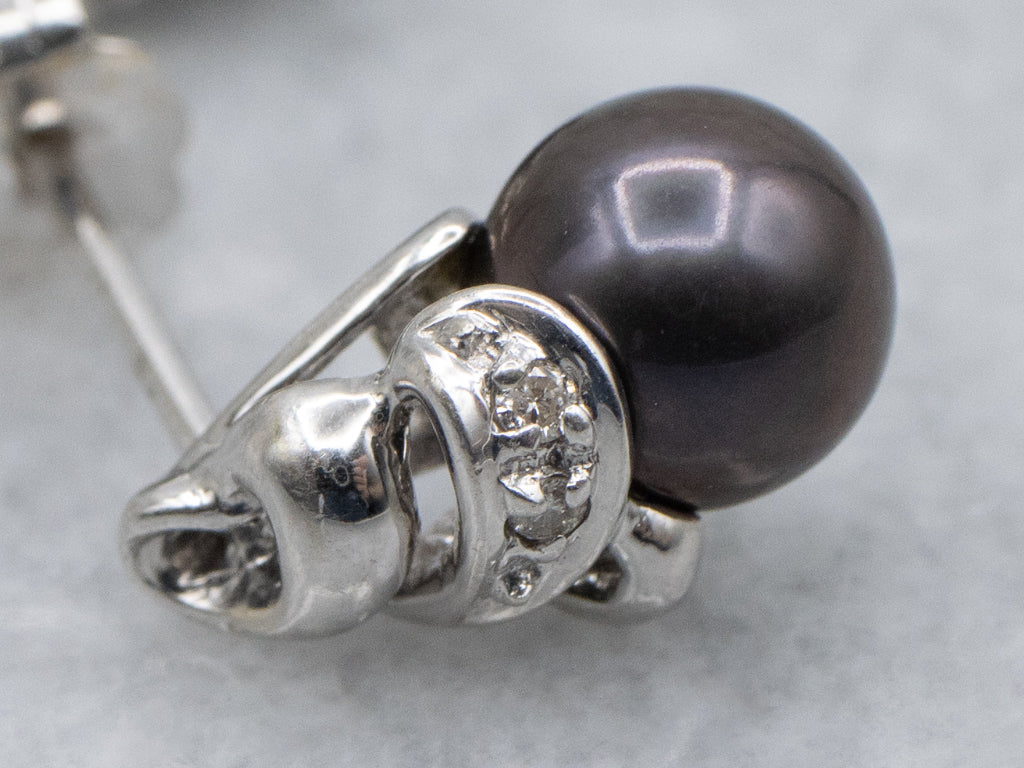 White Gold Black Pearl and Diamond Earrings