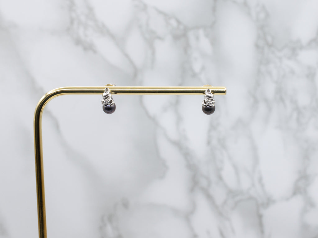 White Gold Black Pearl and Diamond Earrings