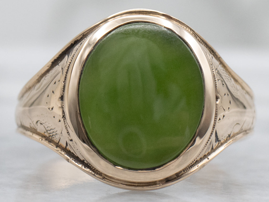 Men's Antique Gold Nephrite Jade Ring with Hand Engravings