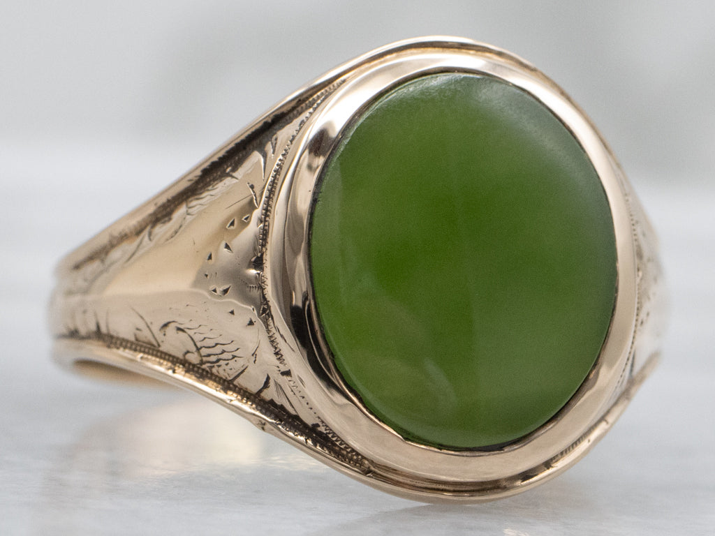 Men's Antique Gold Nephrite Jade Ring with Hand Engravings