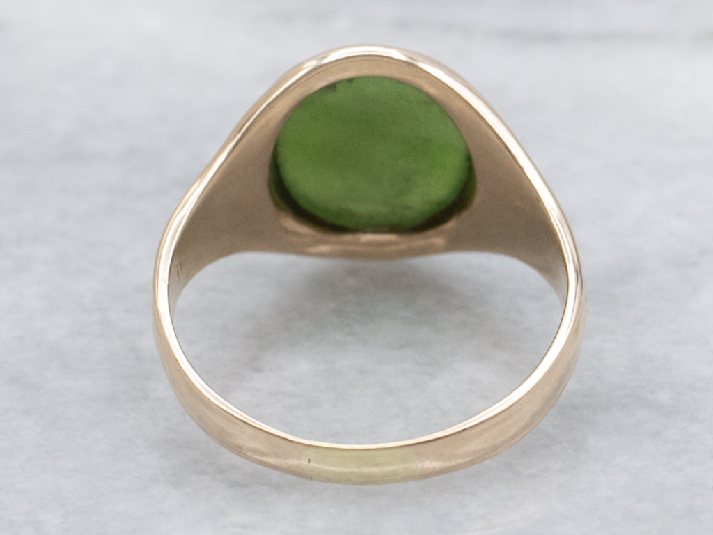 Men's Antique Gold Nephrite Jade Ring with Hand Engravings