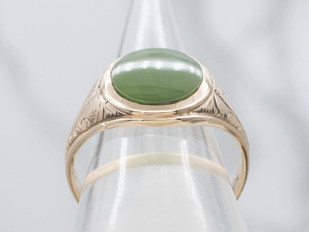 Men's Antique Gold Nephrite Jade Ring with Hand Engravings