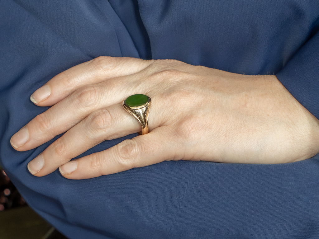Men's Antique Gold Nephrite Jade Ring with Hand Engravings