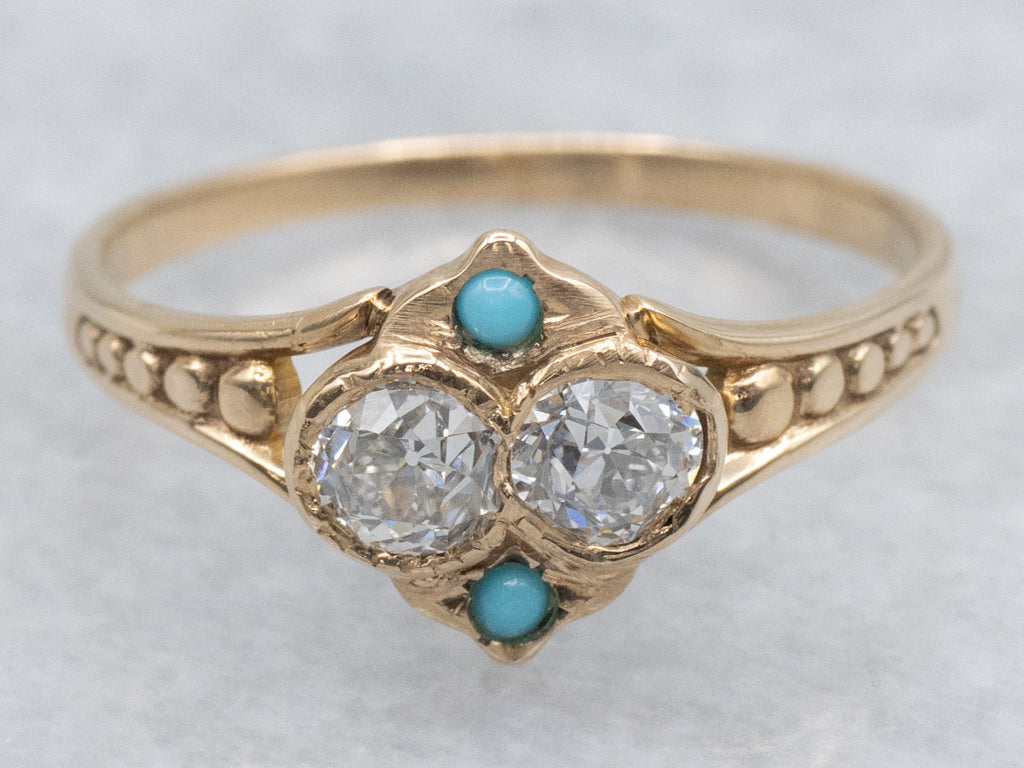 Victorian Gold Old Mine Cut Diamond and Turquoise Ring