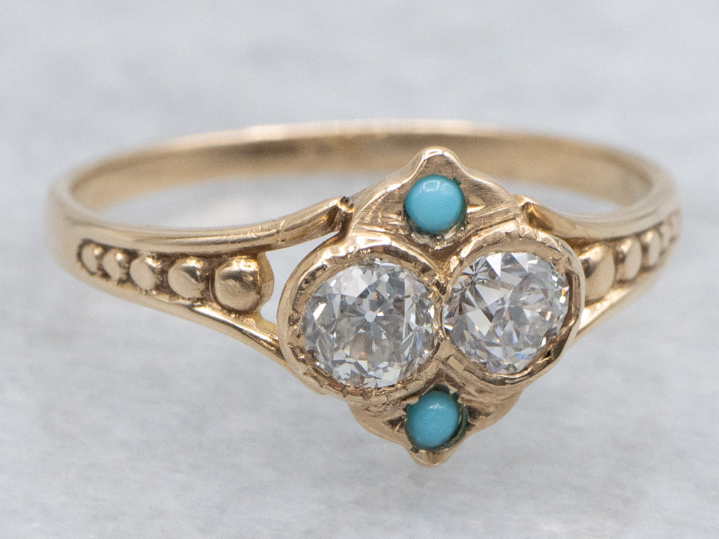 Victorian Gold Old Mine Cut Diamond and Turquoise Ring