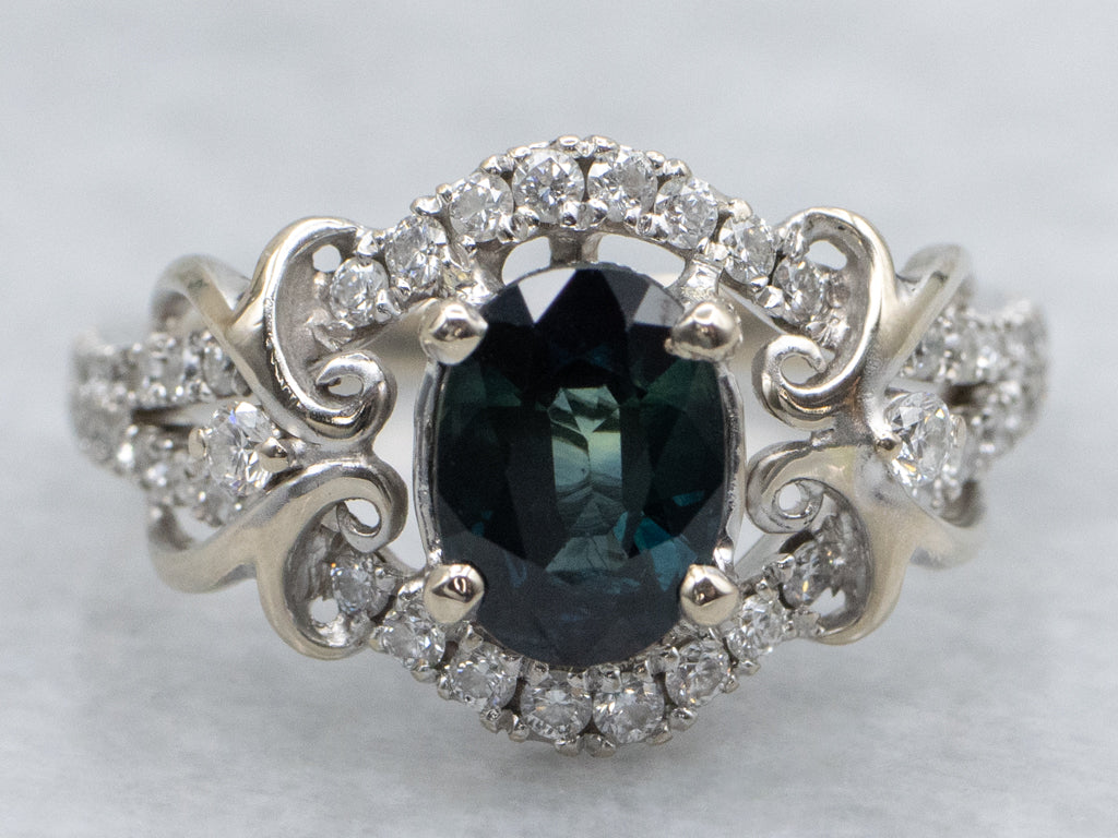 Blue-Green Sapphire and Diamond Modern White Gold Engagement Ring