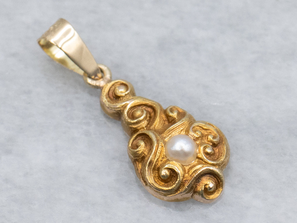 Antique Scrolling Gold and Pearl Stickpin Conversion Pendant