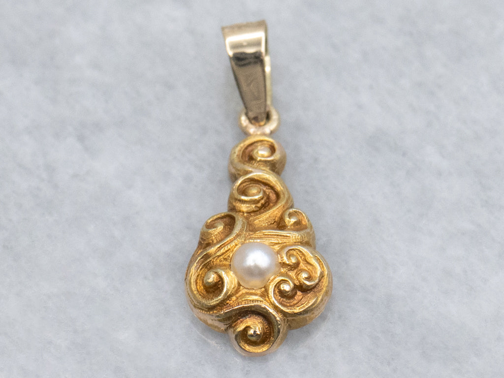 Antique Scrolling Gold and Pearl Stickpin Conversion Pendant