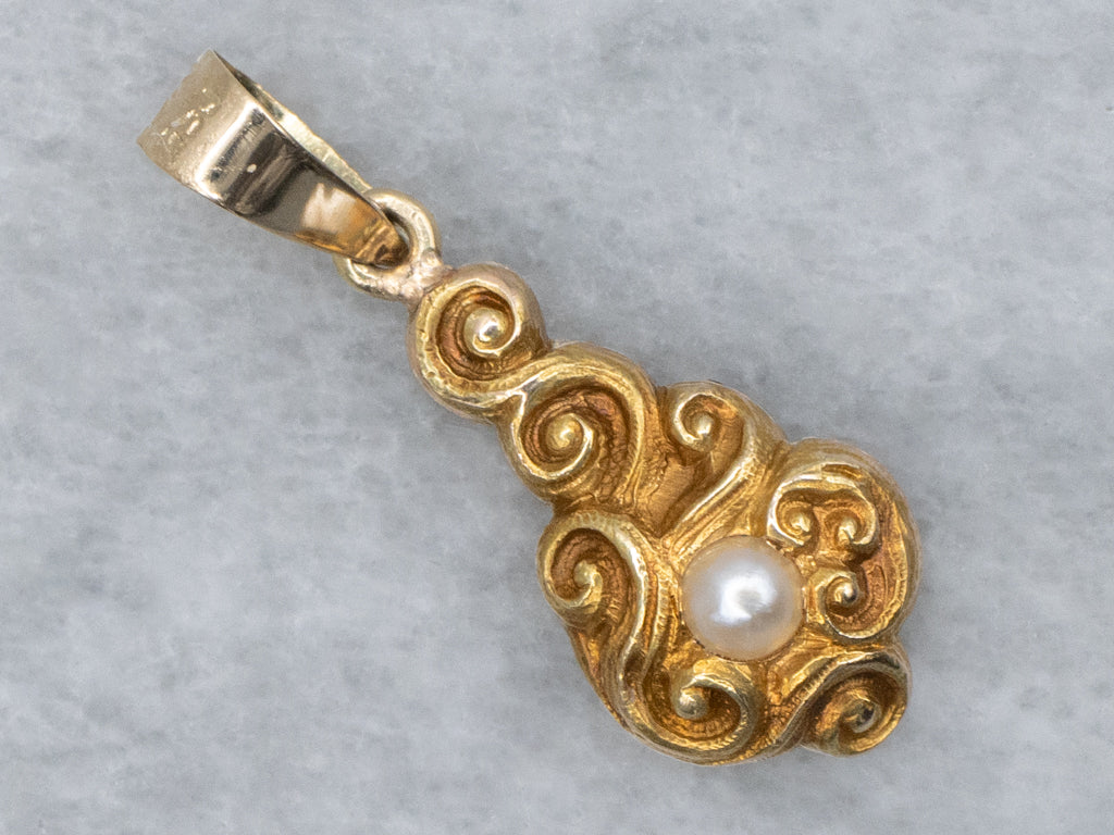 Antique Scrolling Gold and Pearl Stickpin Conversion Pendant