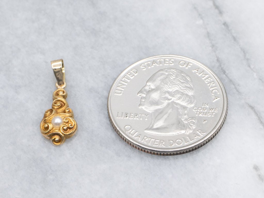 Antique Scrolling Gold and Pearl Stickpin Conversion Pendant