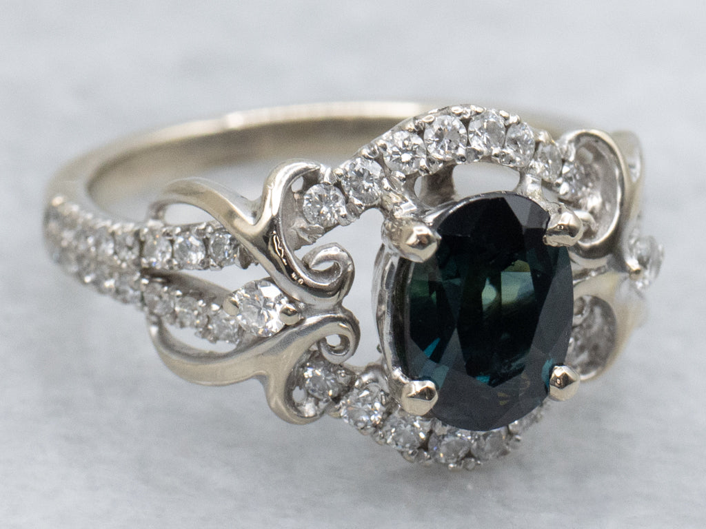 Blue-Green Sapphire and Diamond Modern White Gold Engagement Ring