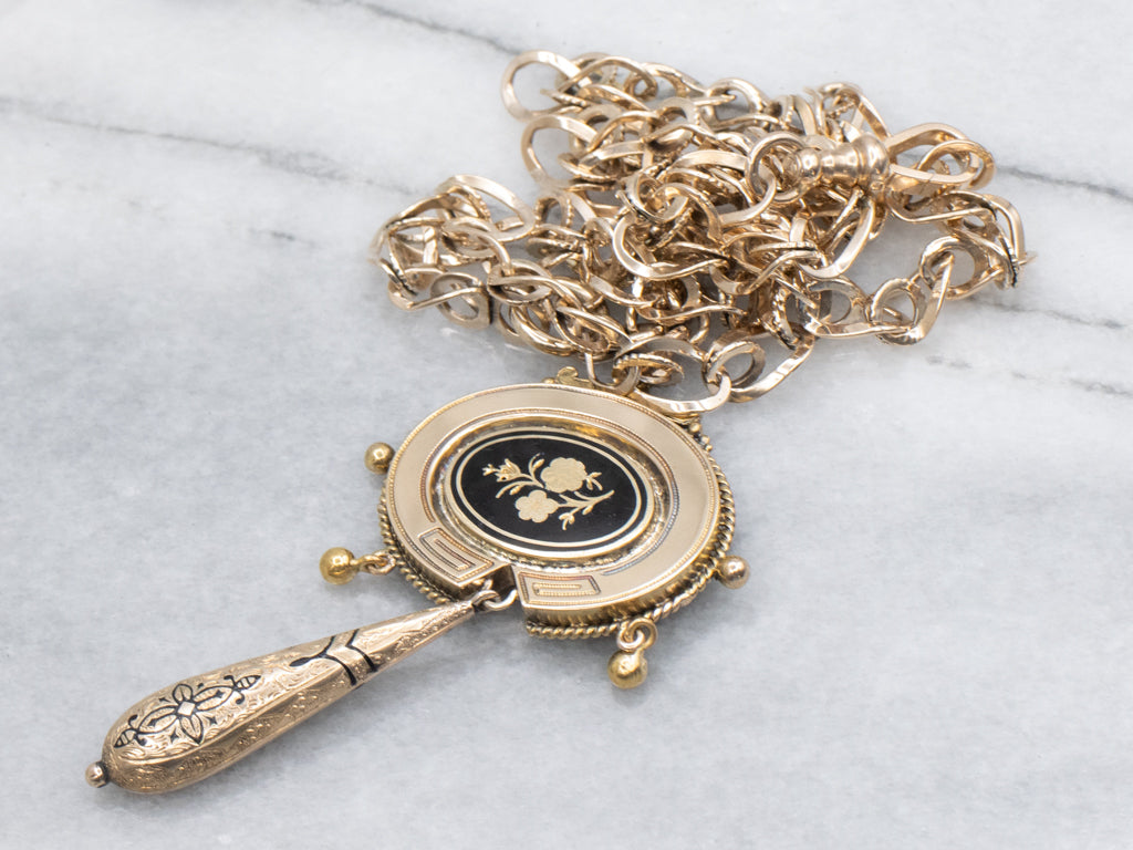 Mix-Era Black Enamel and Gold Link Necklace with Floral Drop