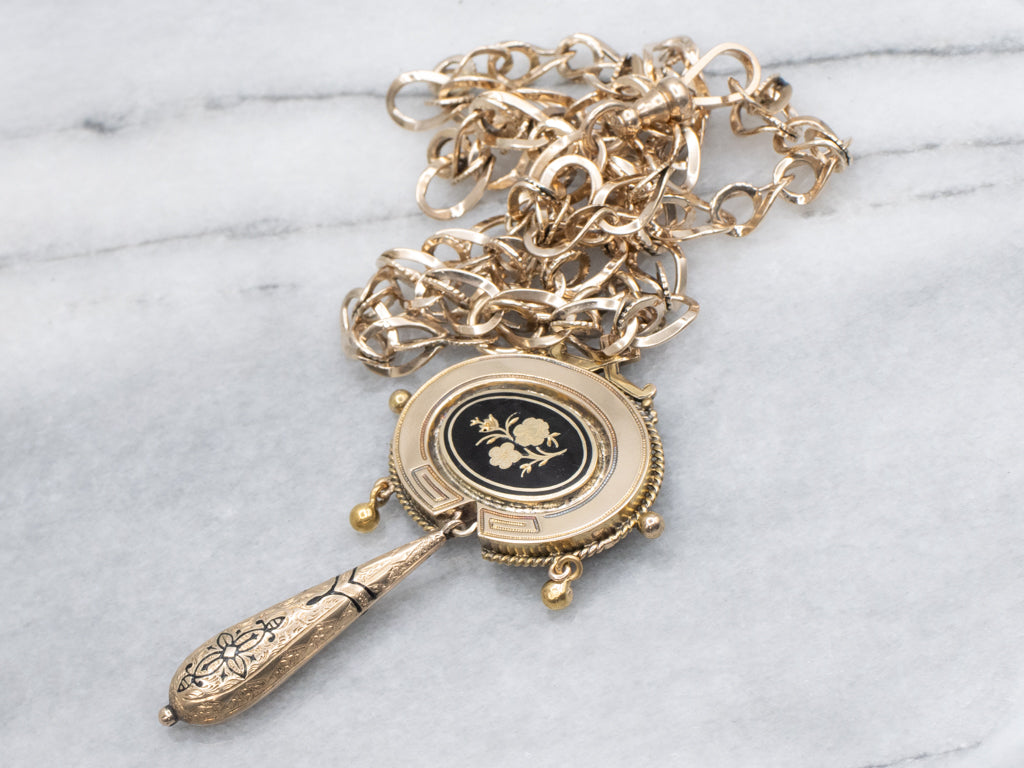 Mix-Era Black Enamel and Gold Link Necklace with Floral Drop