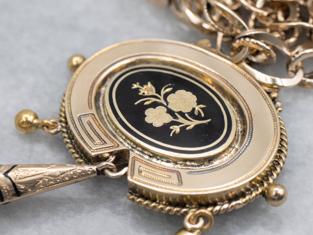 Mix-Era Black Enamel and Gold Link Necklace with Floral Drop