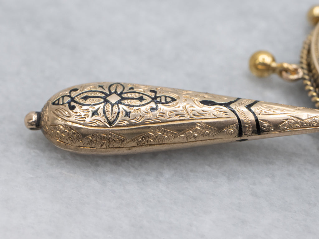 Mix-Era Black Enamel and Gold Link Necklace with Floral Drop
