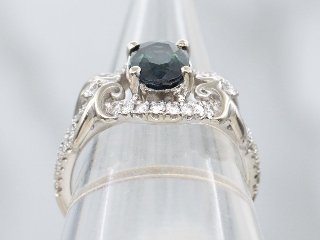 Blue-Green Sapphire and Diamond Modern White Gold Engagement Ring