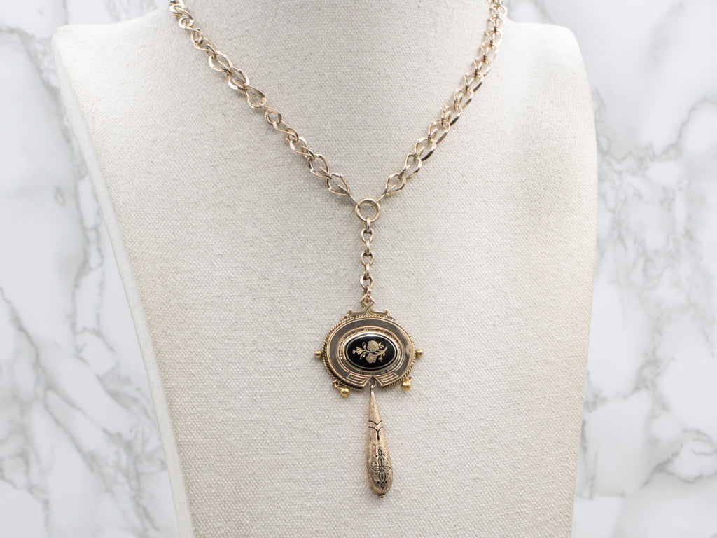 Mix-Era Black Enamel and Gold Link Necklace with Floral Drop