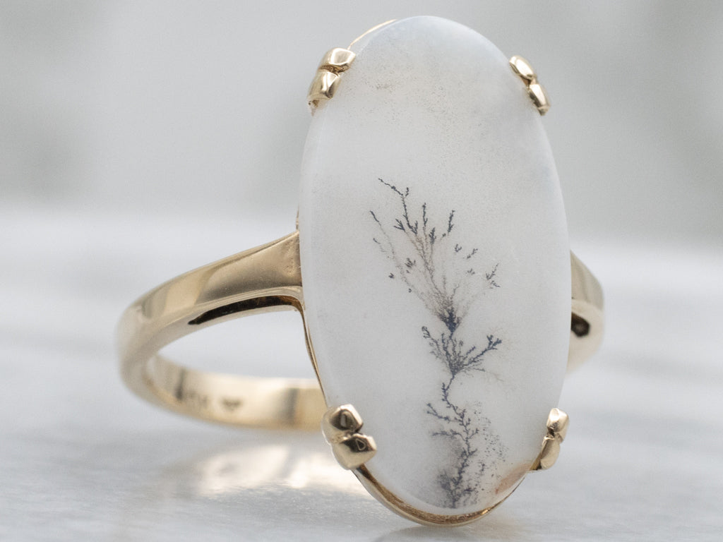 Elongated Oval-Cut Dendritic Agate Ring