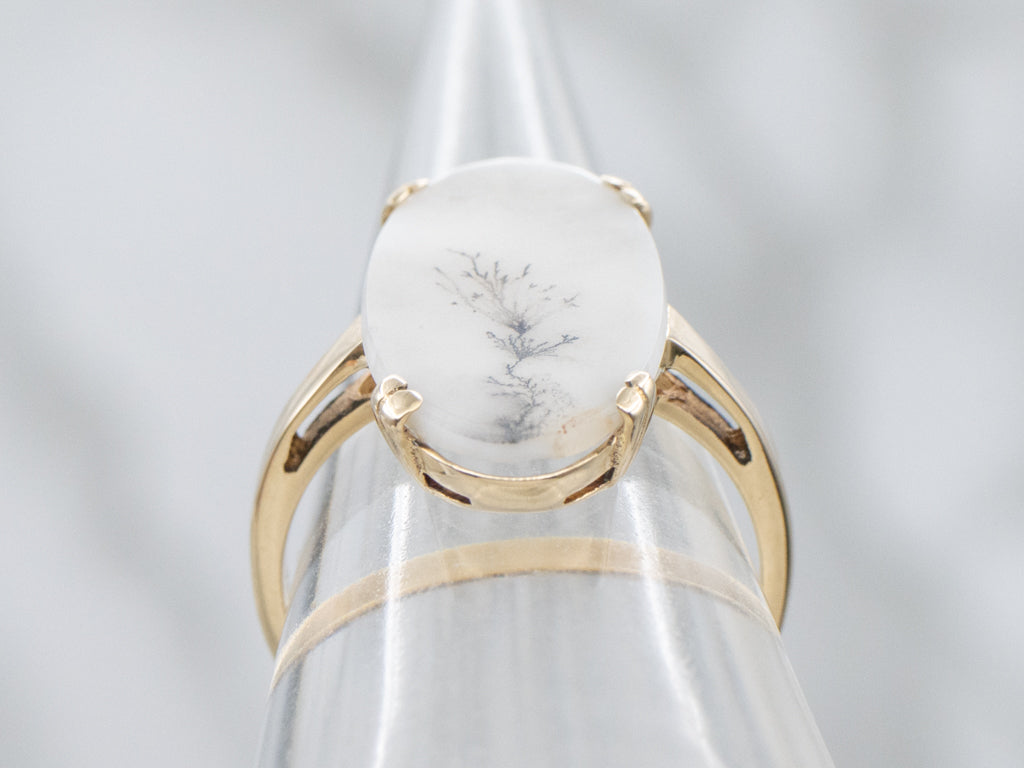 Elongated Oval-Cut Dendritic Agate Ring