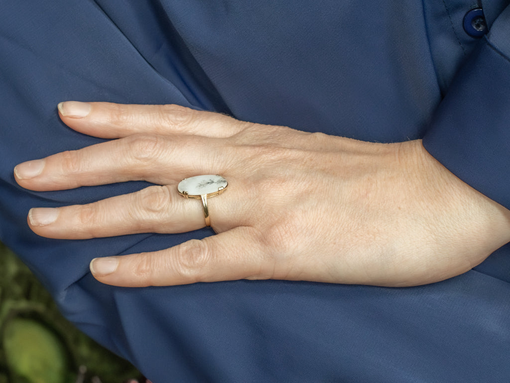 Elongated Oval-Cut Dendritic Agate Ring