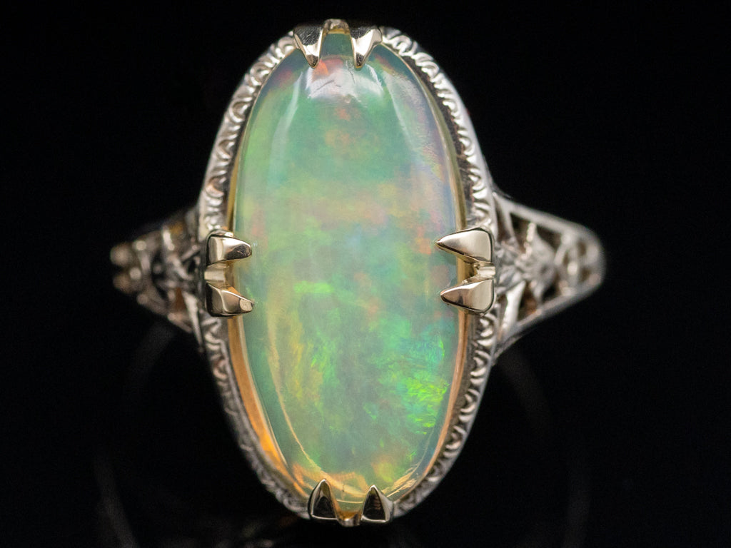 Art Deco Era White Gold Opal Filigree Ring