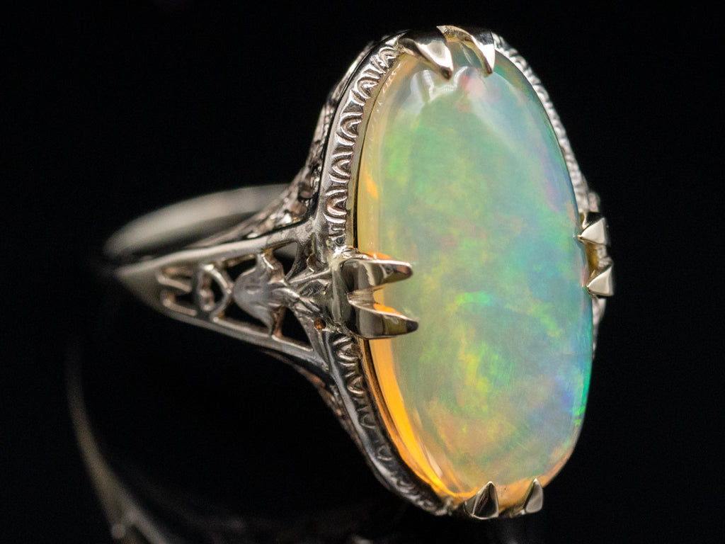 Art Deco Era White Gold Opal Filigree Ring