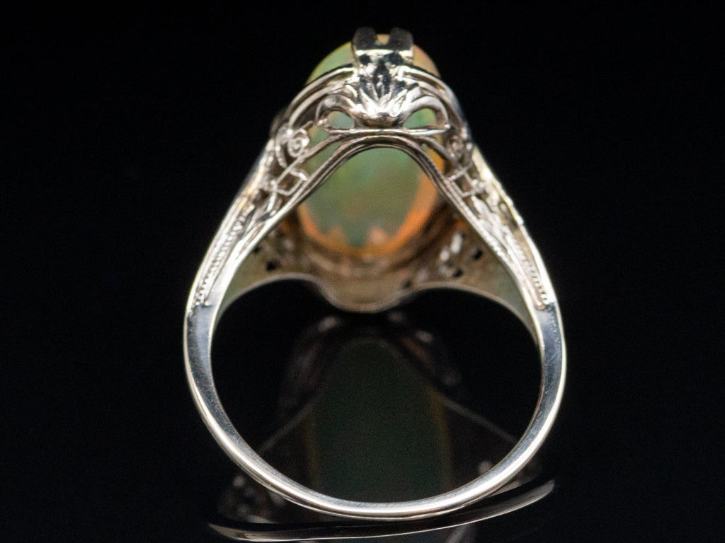 Art Deco Era White Gold Opal Filigree Ring