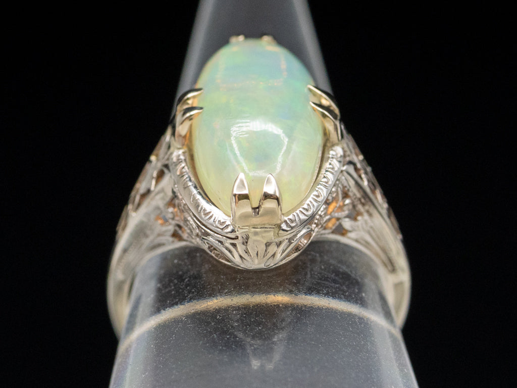 Art Deco Era White Gold Opal Filigree Ring