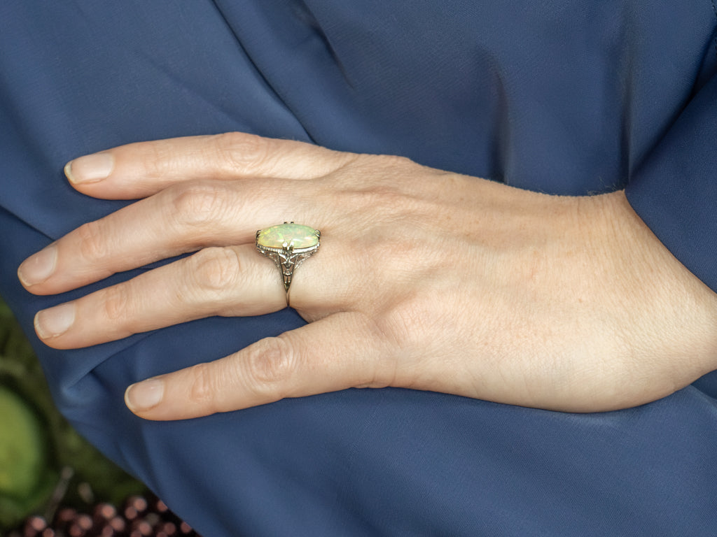 Art Deco Era White Gold Opal Filigree Ring