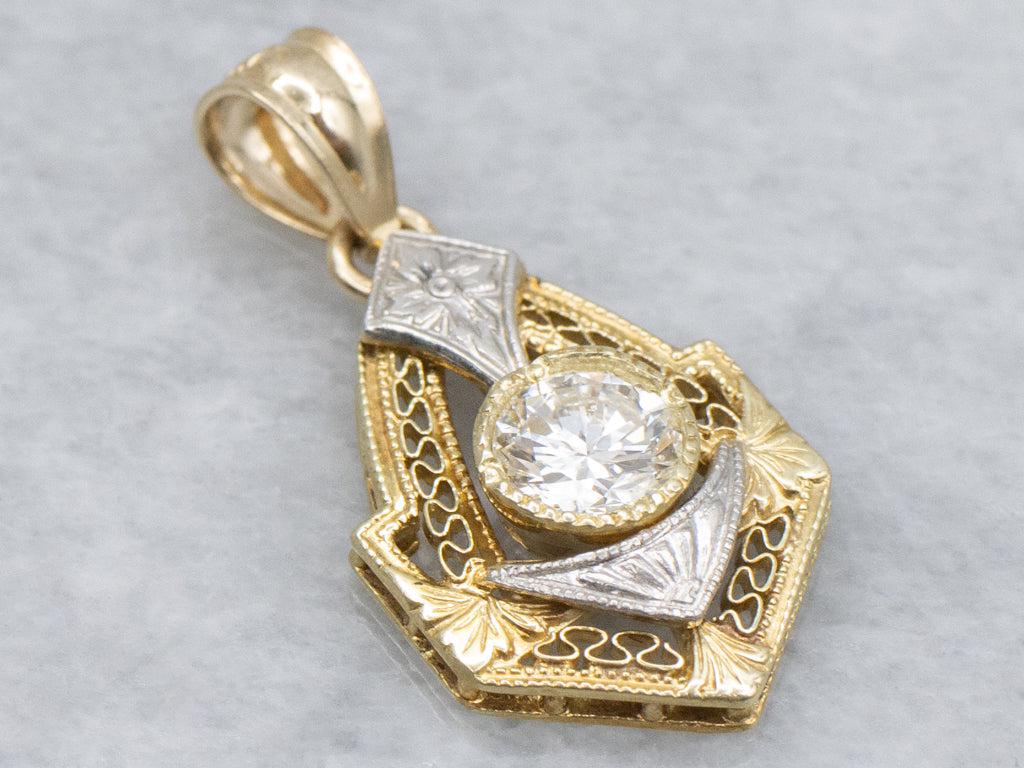 Hand-Engraved Two-Tone Gold Diamond Stick-Pin Conversion Pendant