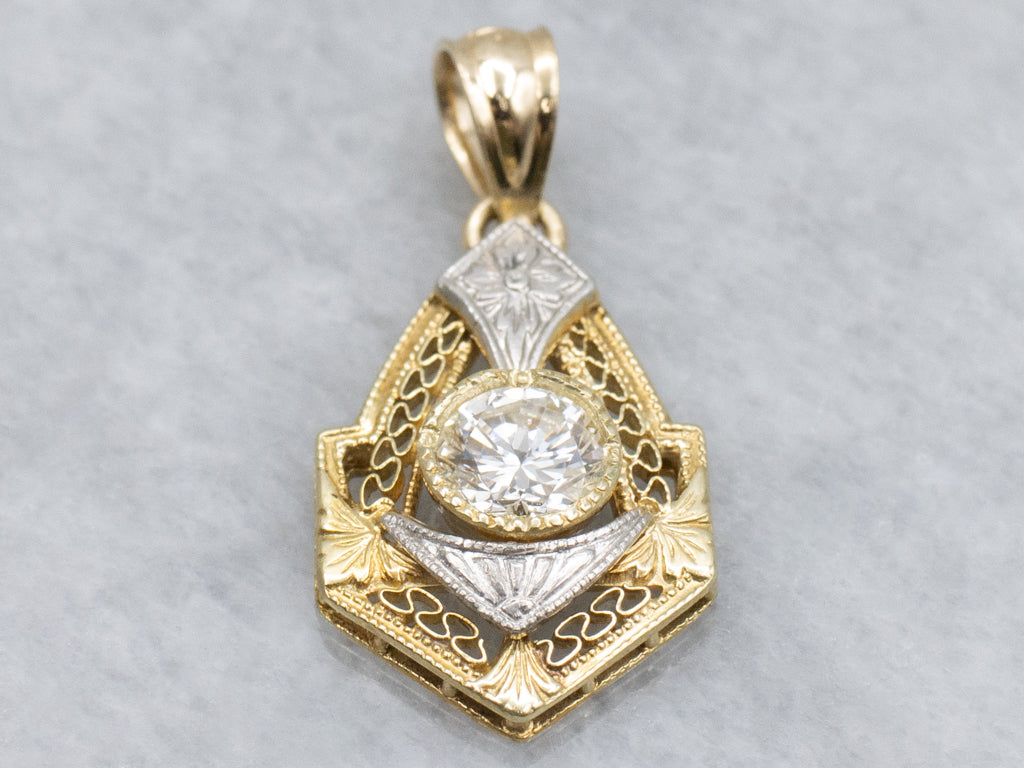 Hand-Engraved Two-Tone Gold Diamond Stick-Pin Conversion Pendant