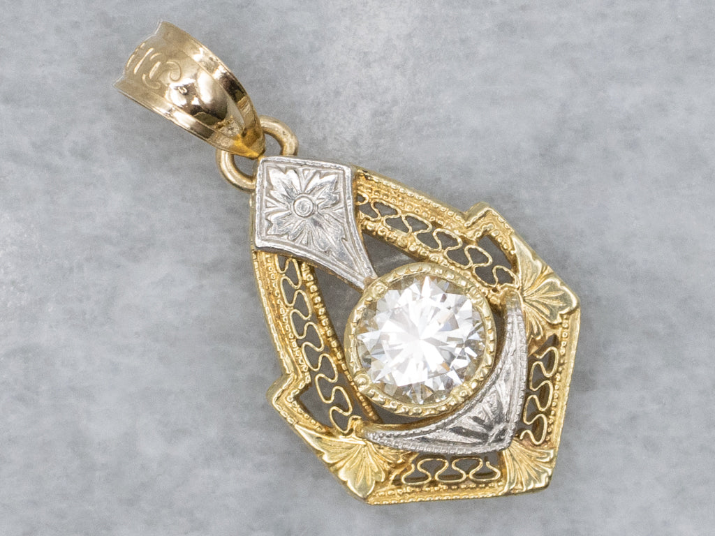 Hand-Engraved Two-Tone Gold Diamond Stick-Pin Conversion Pendant