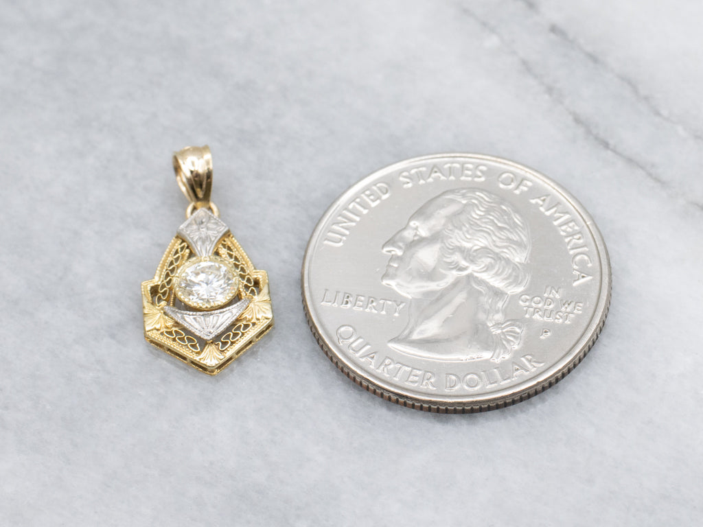 Hand-Engraved Two-Tone Gold Diamond Stick-Pin Conversion Pendant