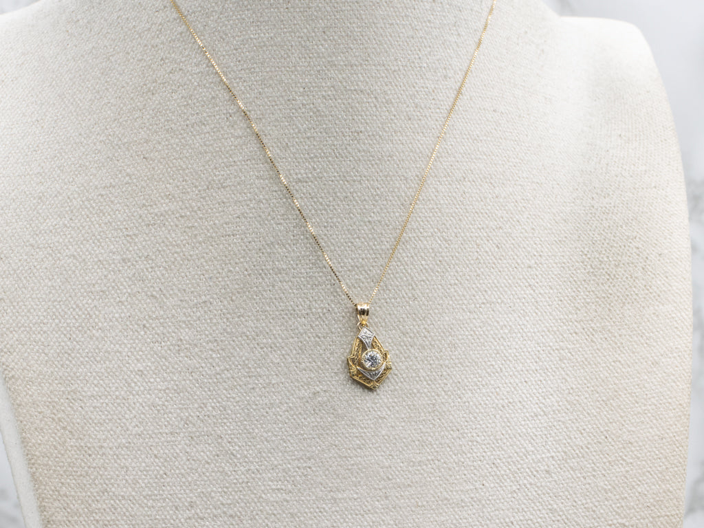 Hand-Engraved Two-Tone Gold Diamond Stick-Pin Conversion Pendant
