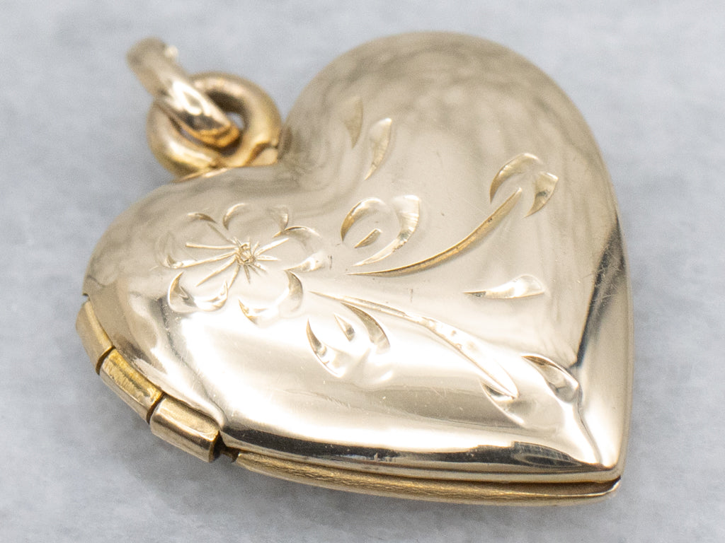 Engraved Yellow Gold Floral Heart Locket