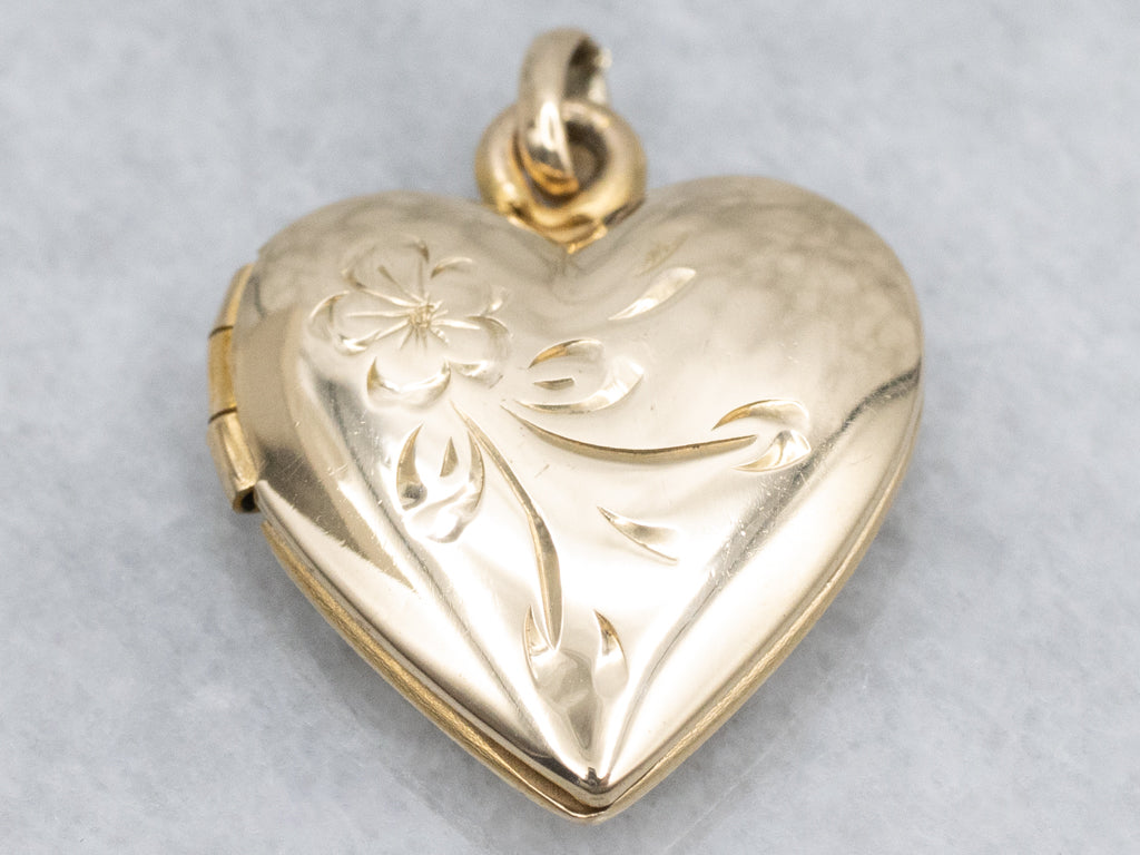 Engraved Yellow Gold Floral Heart Locket