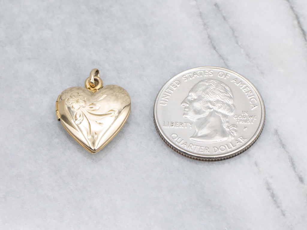 Engraved Yellow Gold Floral Heart Locket